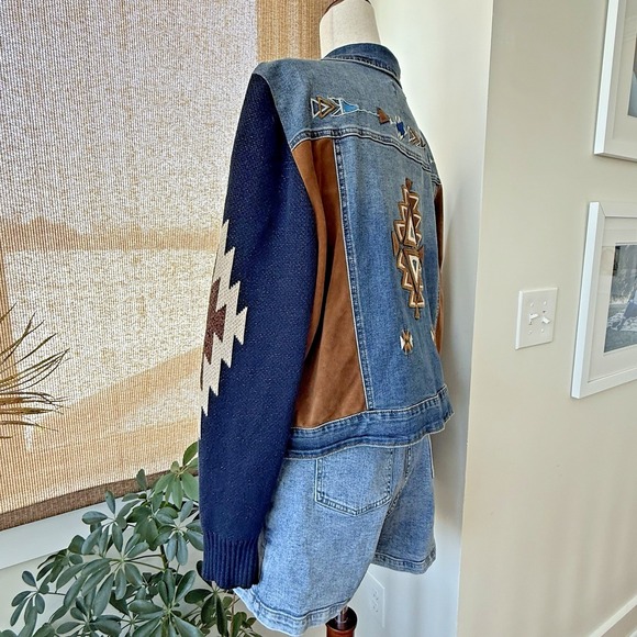 Scully Denim Jacket 2XL Aztec Embroidered Knit Sleeve Western Boho Stretch - Picture 5 of 12